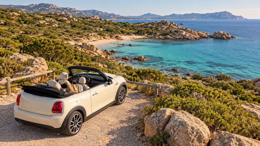 Cabriolet clair devant une crique de Sardaigne — illustration originale