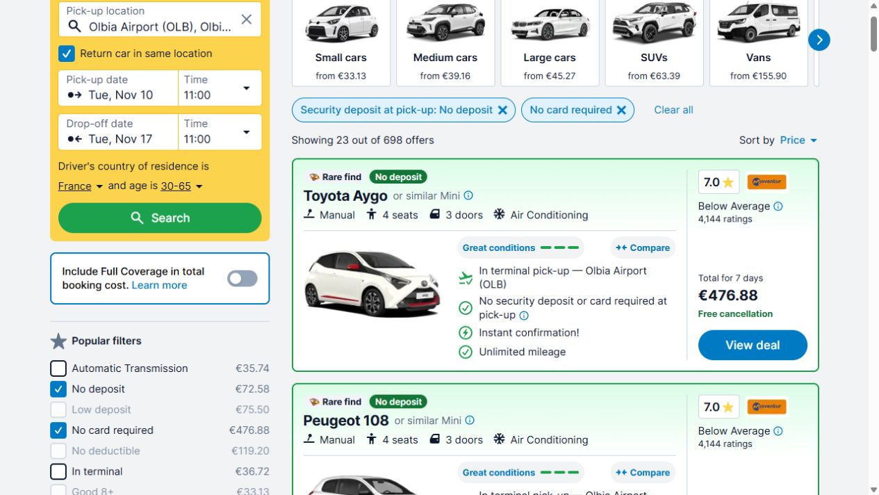 Toyota Aygo Moventur à Olbia avec No deposit et No card required activés