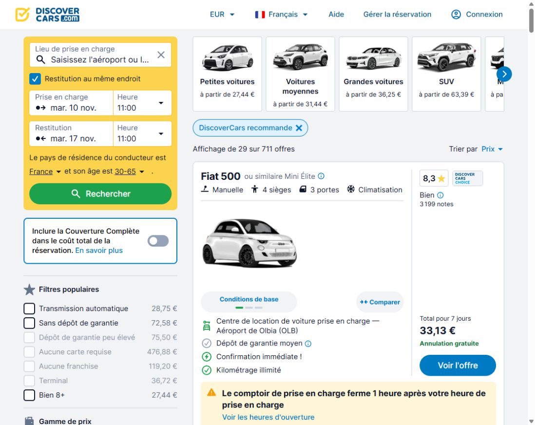 Fiat 500 standard à Olbia à 33,13 euros pour sept jours sur DiscoverCars en français